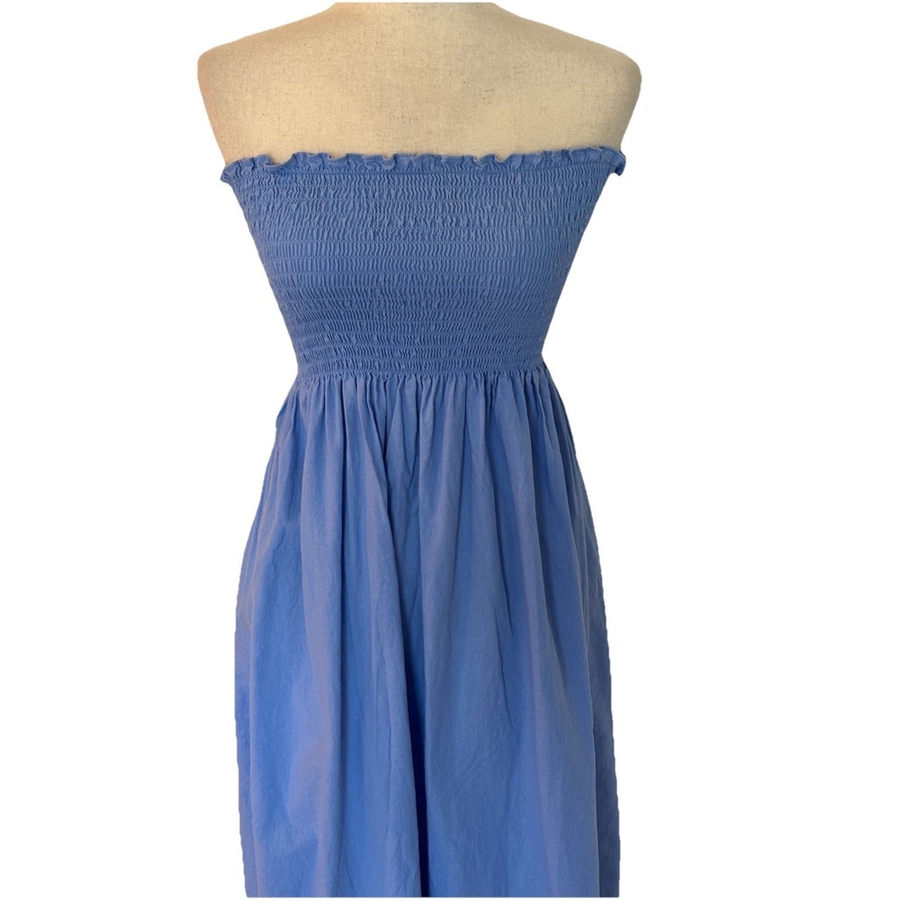 Pomander Place Tuckernuck Strapless Midi Dress Blue Smocked Women's Small - Picture 2 of 7
